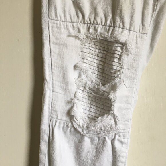 White Distressed Denim Pintuck Stretch Skinny Jeans - Picture 4 of 16